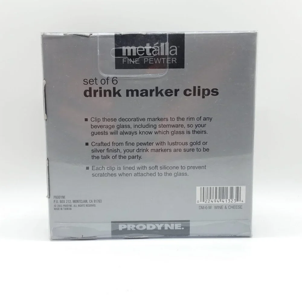 Prodyne Metalla Fine Pewter Drink Marker Clips Glass Charms